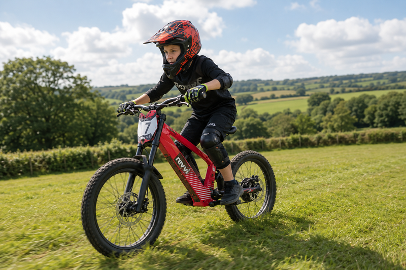 Child riding a red Revvi 20 electric off-road bike across a grassy countryside field, wearing a full-face helmet, gloves and protective gear.